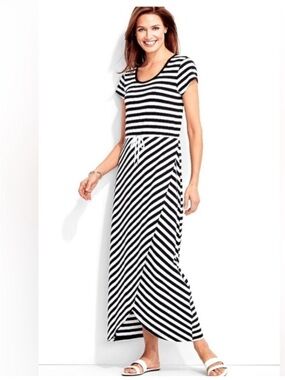 Talbots Striped Stretch Maxi Faux Wrap Dress Tie Waist Black White Coastal SZ M